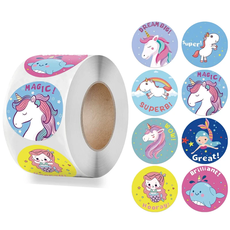 

Cute Unicorn Sticker Mermaid Animal Reward Sticker for Kids School Teacher Supplies Child Sticker 500pcs/roll 1 inch 8 Designs