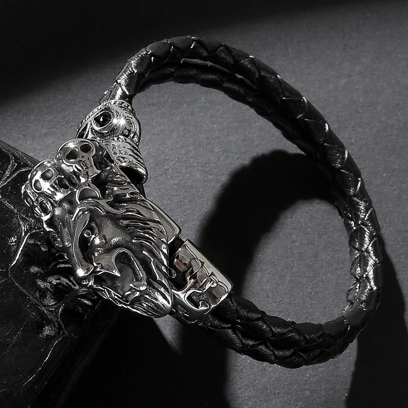 Модные мужские ювелирные изделия черный двухслойный кожаный браслет из