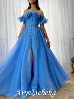 a line elegant sexy engagement prom dress off shoulder sleeveless floor length organza with pleats split 2021