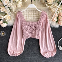 womens 2021 new retro crochet lace hollow stitching knitted top ladies long puff sleeve stitching short elegant top square neck