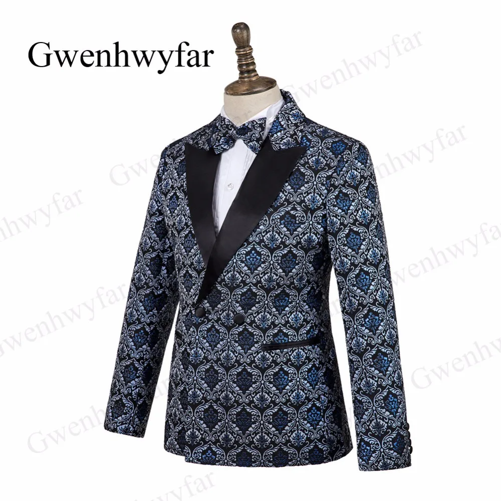 Gwenhwyfar мужской модный двубортный костюм синий цветочный Jacqaurd высококачественные для жениха костюмы для вечеринки Выпускной сценический костюм певица
