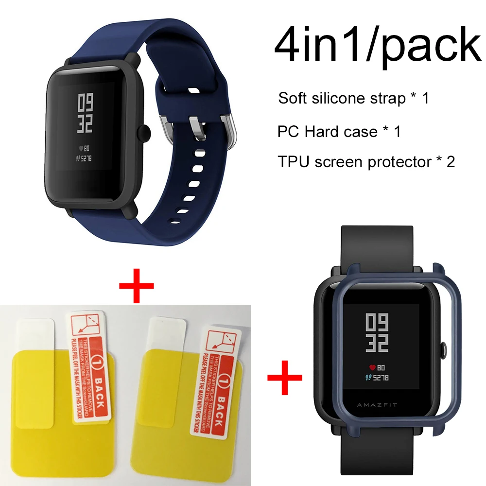 4в1 силиконовый ремешок спортивный браслет чехол для Xiaomi Huami Amazfit Bip BIT умные часы аксессуары - Цвет: Navy blue-Navy blue