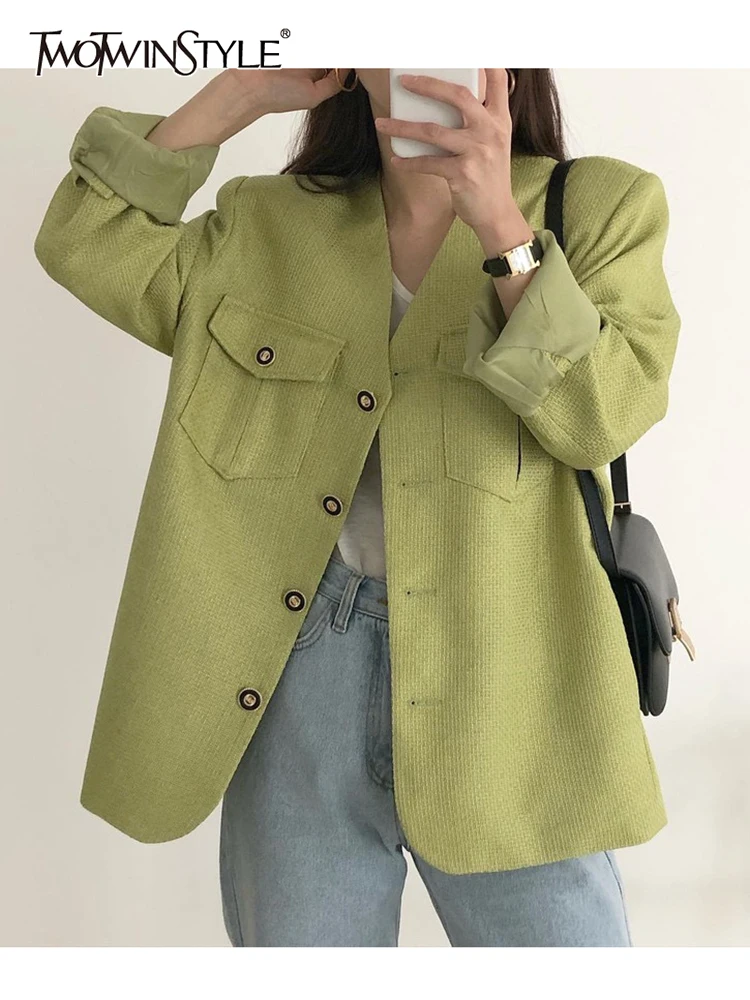 

TWOTWINSTYLE Green Casual Blazer Coat For Women V Neck Long Sleeve Single Breasted Patchwork Pockets Coats Female 2021 Clothing