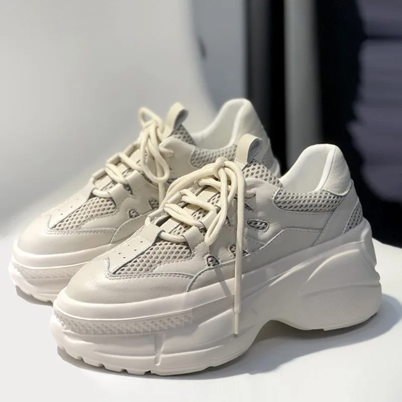 

Fashion Platform Sports Women's Shoes Leather Mesh Breathable Casual White Shoes New Round Toe Lace-up Women's Vulcanized Shoes