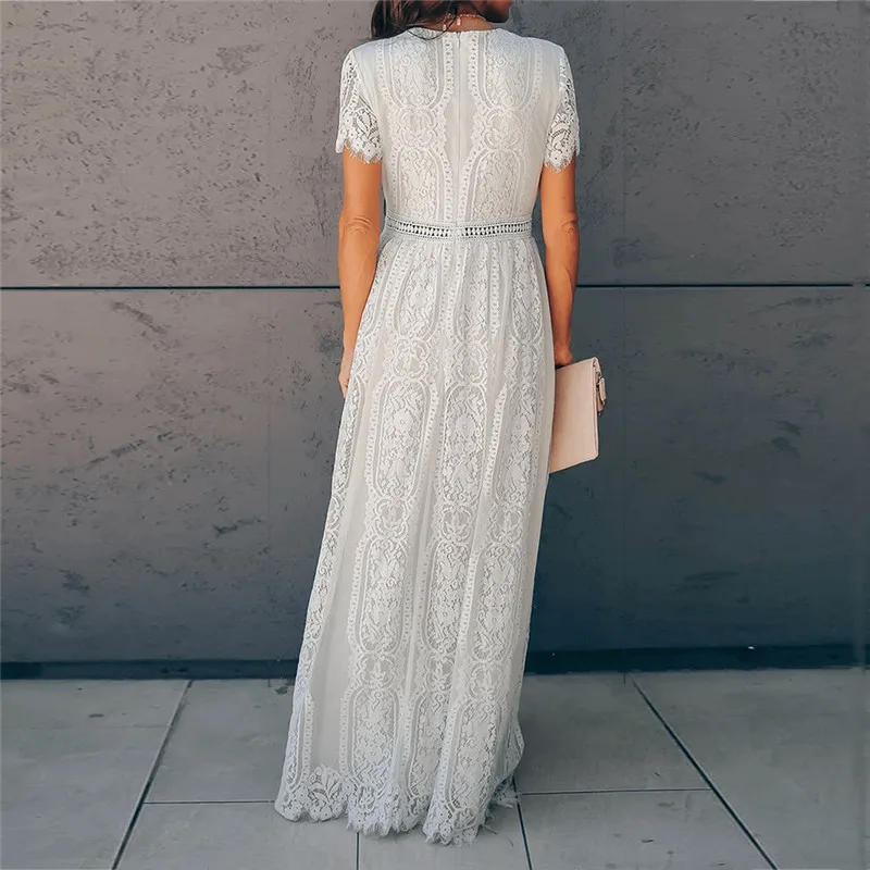 

Casual Elegant Deep V-neck Women Long Dress 2020 Summer Lace Patchwork Hollow Out Loose Dress
