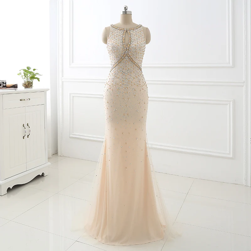 Champagne Длинное вечернее платье-Русалка цвета шампанского vestido longo de облегающий лиф с кристаллами вышитое бисером вечернее платье Robe De Soiree LSX355 - Цвет: Champagne