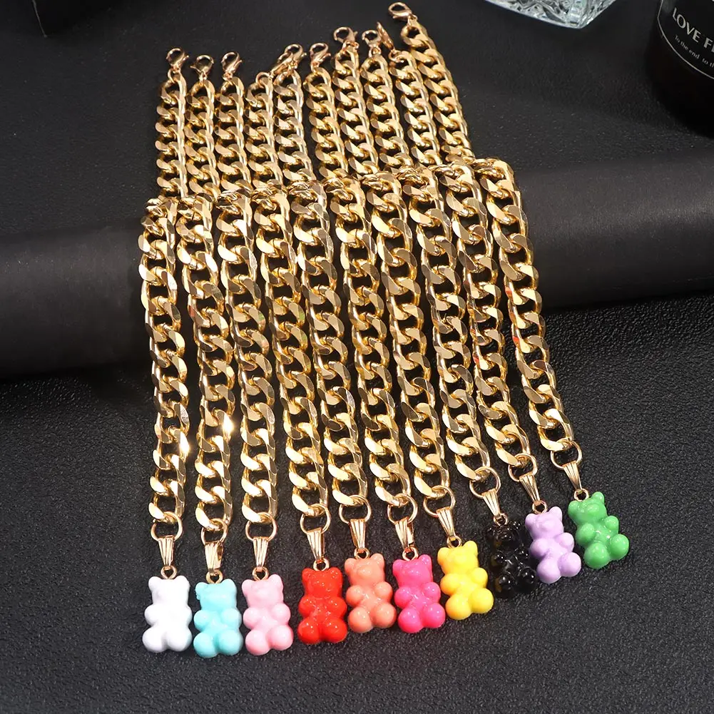 

Ins Jelly Gummy Rainbow Bear Charm Cuban Link Chain Bracelets For Women Girls Gold Color Hip Hop Bracelet Fashion Wrist Jewelry