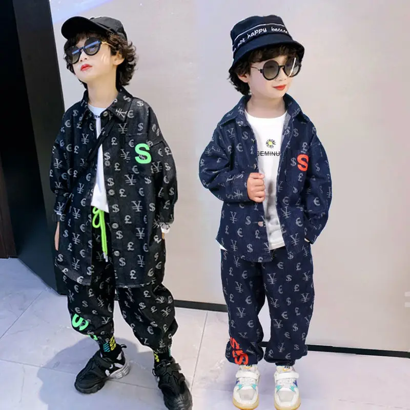 

Джинсовая рубашка и брюки для мальчиков, в стиле хип-хоп