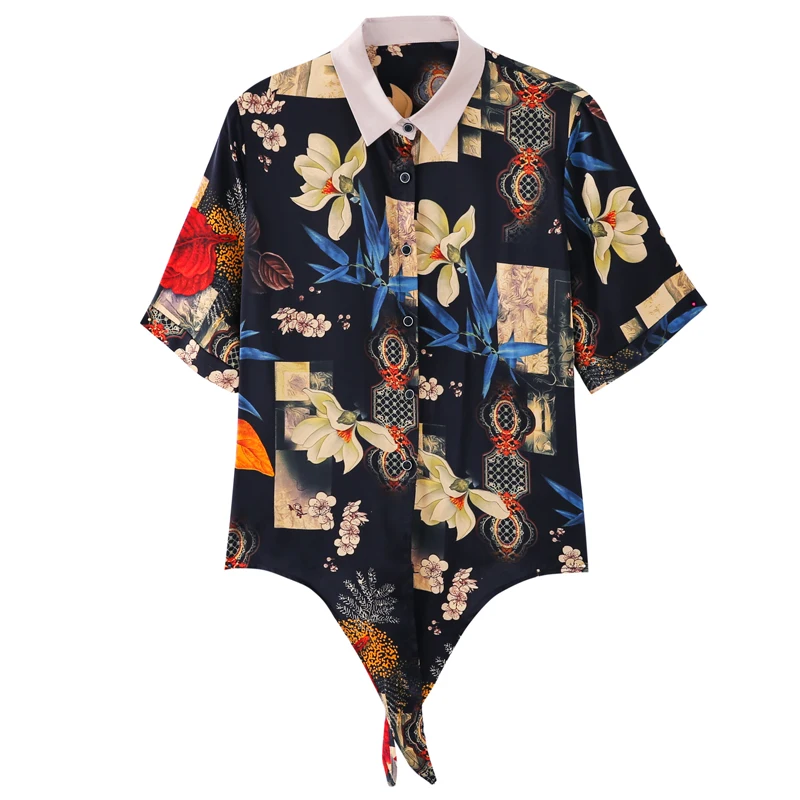 

COIGARSAM Shirt Womens Tops Summer 2021 Short Sleeve Print Silk Bow Women Shirts