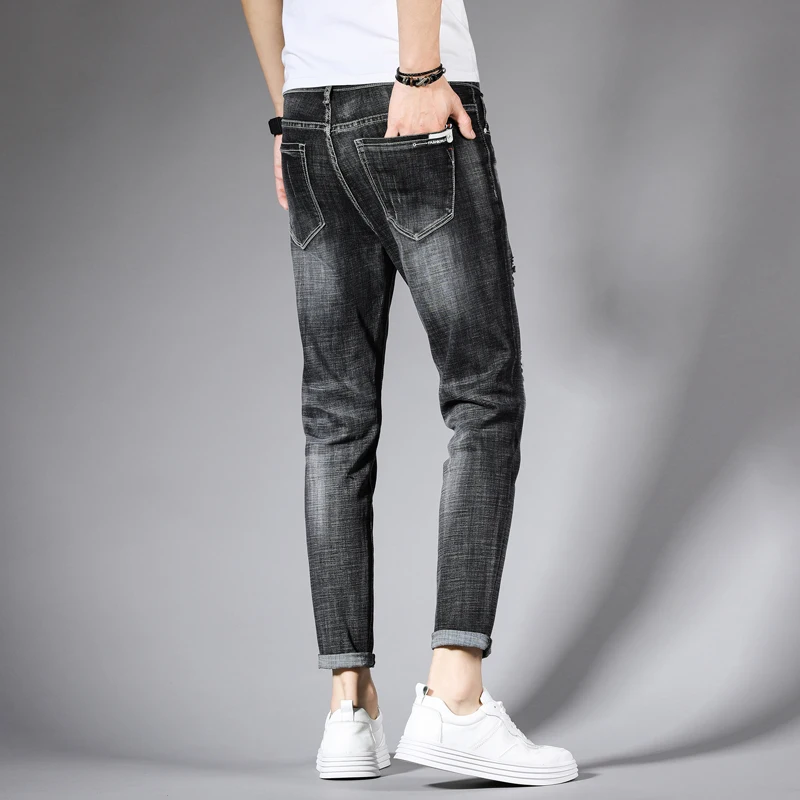 Итальянский стиль модные мужские джинсы черный серый цвет облегающие рваные