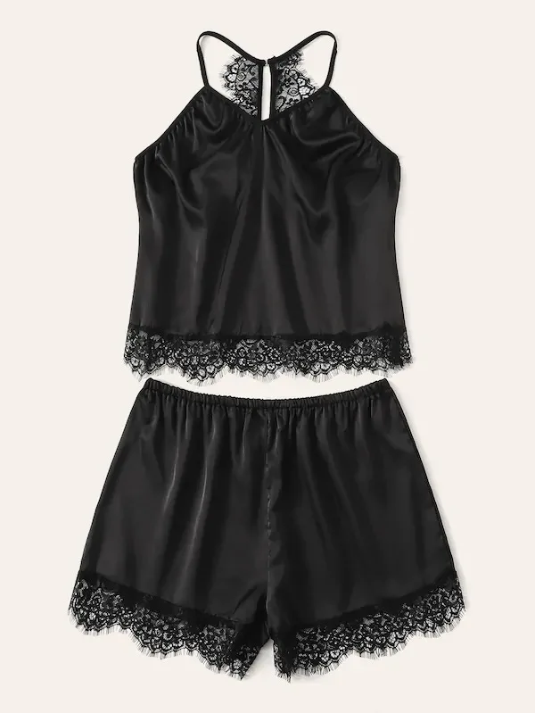 

Two piece set of women's silk suspender shorts