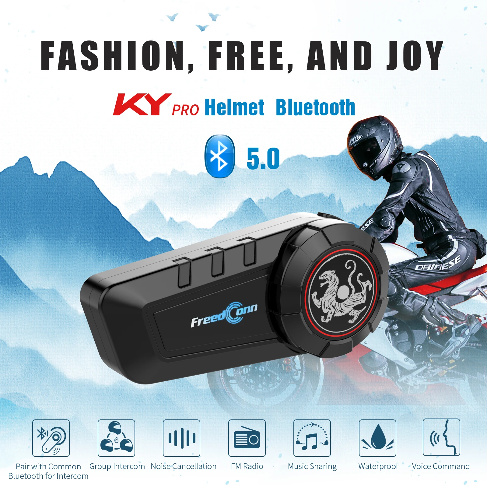 

FreedConn KY Pro Motorcycle Helmet Intercom Headset 6 Riders Group Waterproof Interphone Bluetooth 5.0 Music sharing FM Radio