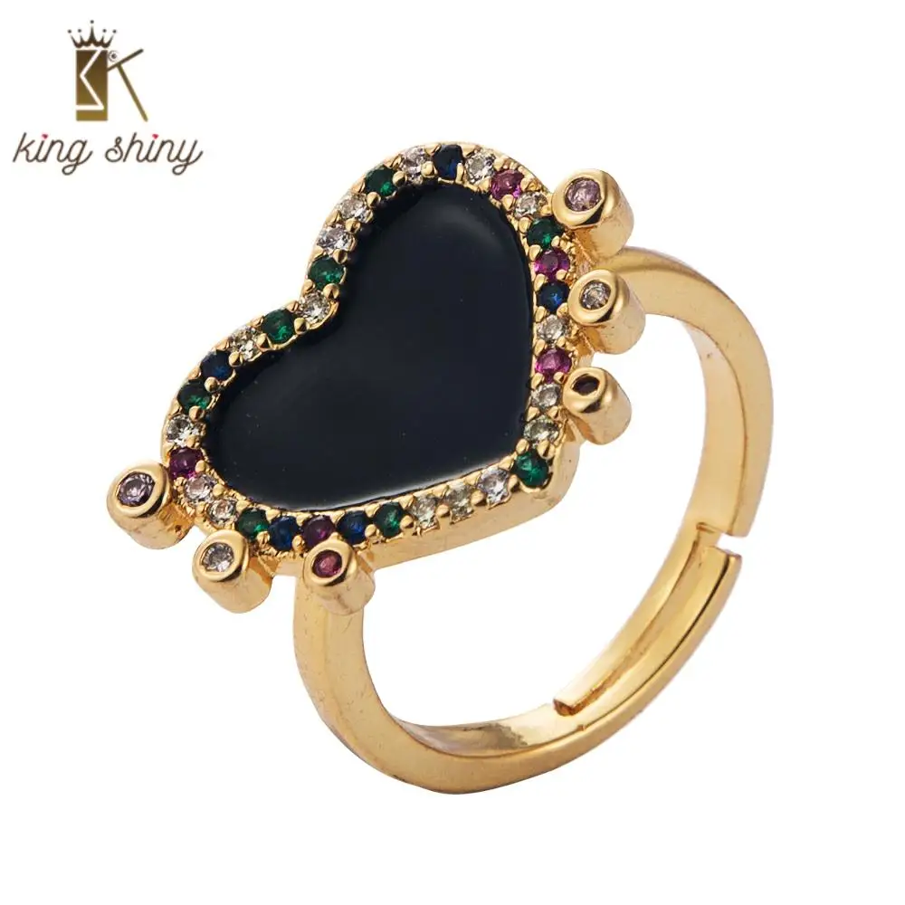 

Charm Rainbow Color Heart Copper Finger Ring for Woman Luxury CZ Micro Cubic Zirconia Adjustable Open Bridal Wedding Finger Ring