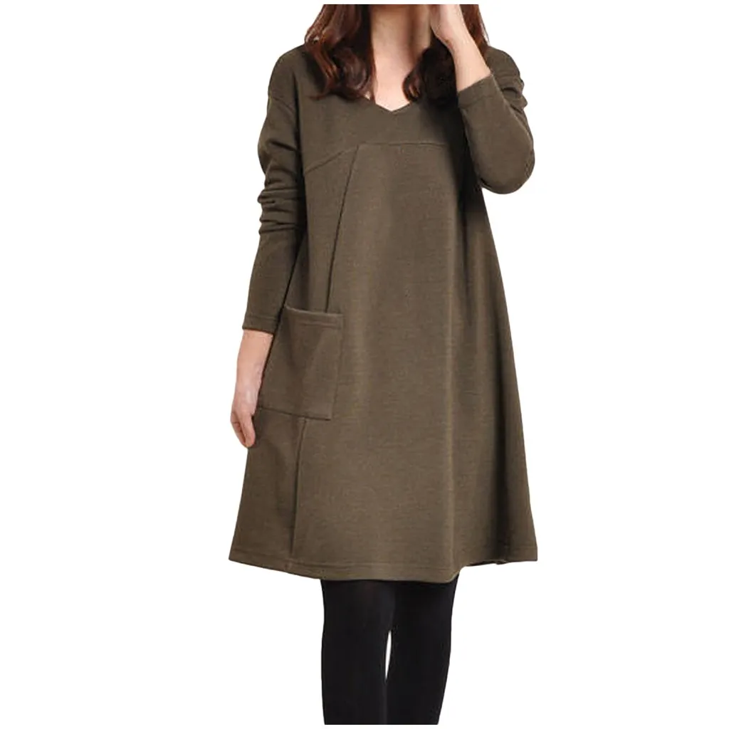 Новое модное женское платье с карманом 3 однотонных Цвета v-образной горловиной и