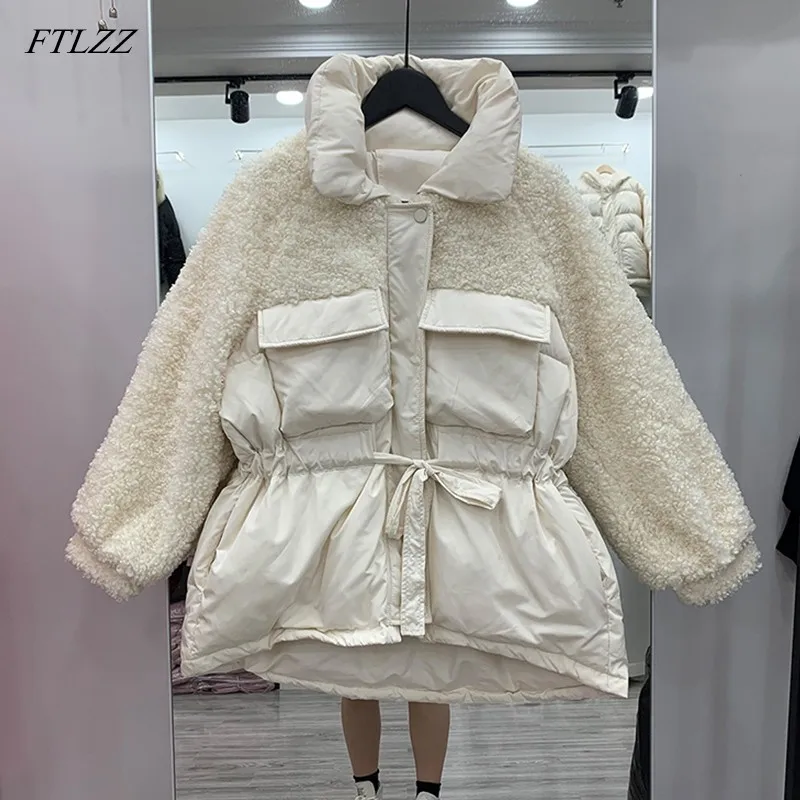 

FTLZZ Winter Loose Down Jackets Women Warm Patchwork Lambswool White Duck Down Parka Streetwear Thickness Sash Tie Up Outwear