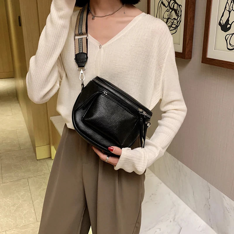 

Дизайнерская сумка через плечо 2021, мягкие курьерские Сумки из искусственной кожи для женщин, на молнии, с широким ремешком на плечо, мини-сум...