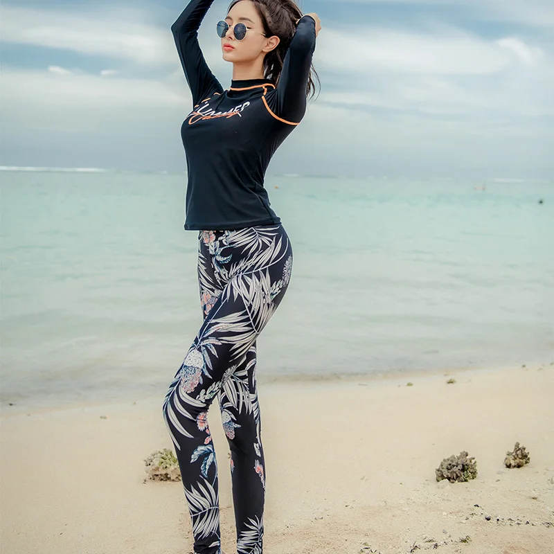 SANQi female swimsuit women's split boxer long-sleeved trousers conservative slimming quick-drying small chest gathered swimwear | Спорт и