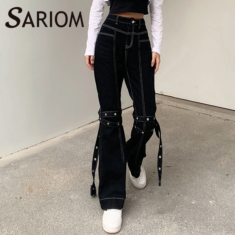 

White Thread Denim Black Flare Pants With Strips High Waisted Push Up Skinny Bandage Wide Leg Jeans Women Bell Bottoms Joggers