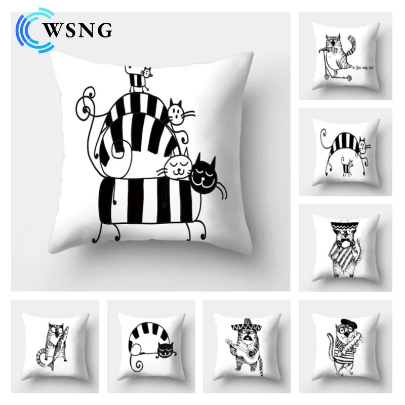 

Black and White Cat Pattern Decorative Cushion Pillow Cover Plush Cushion Cover Living Room Bedroom Sofa Children's Room 45*45cm