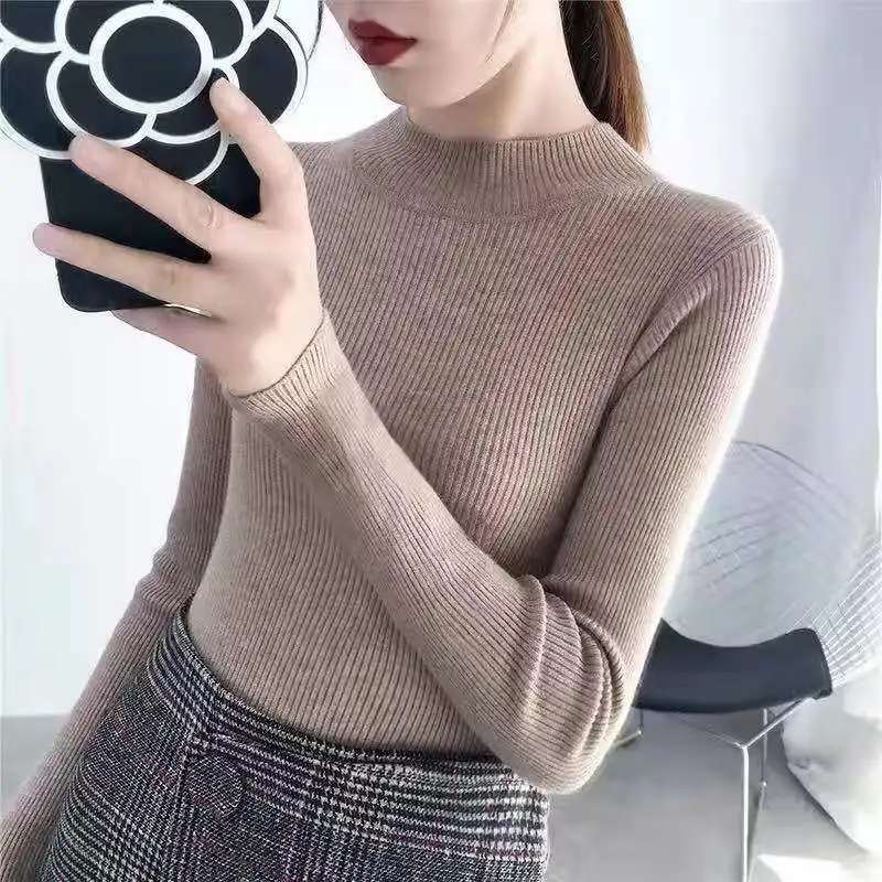 

Autumn Winter Women's Clothing Korean Fashion Slim Ladies Sweater Turtleneck Khaki Long Sleeve Top Pullovers Jersey Mujer Jumper
