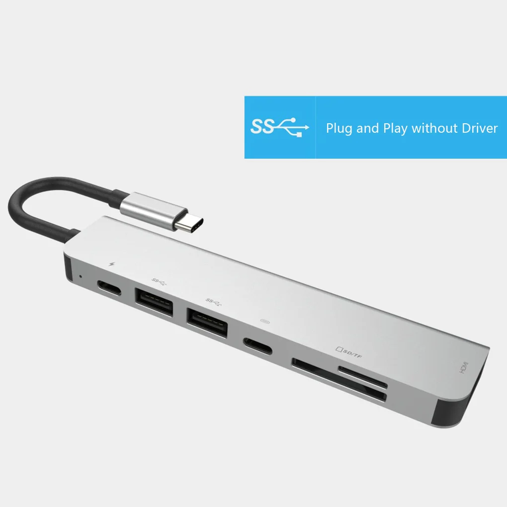 

7 in 1 USB-C Hub Dock Aluminum Alloy HD Dual USB 3.0 Port Adapter Multifunction PD USB C Slot SD & TF Card Reader Type C Hub