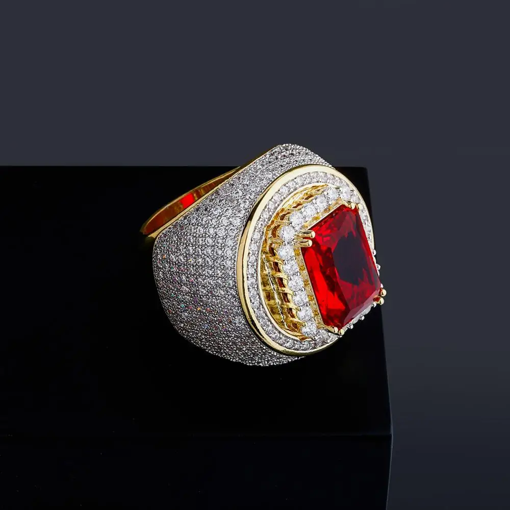 TOPGRILLZ Hip-Hop Classic Gold Color Plated Cubic Zircon Big Red Stone Ring Personality Fashion Men Women Jewelry Lover Gift | Украшения и