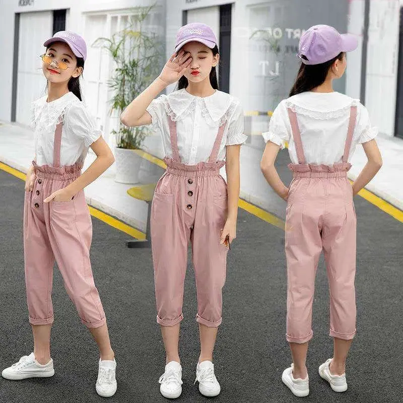 Комплект для девочек весна-лето рубашка блузка + комбинезон одежда подростков