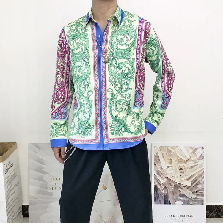 Мужская винтажная дизайнерская рубашка в стиле барокко синяя золотая фиолетовая