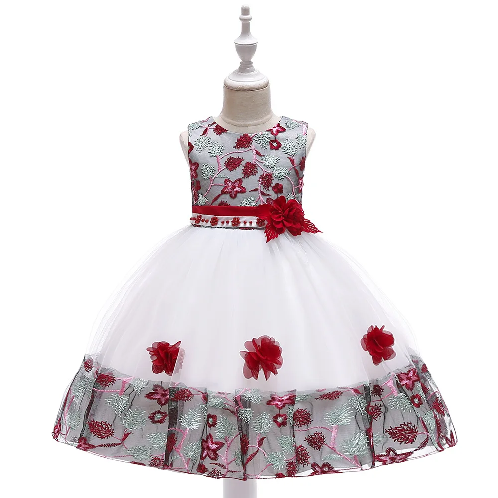 

2021 New Girls Sleeveless Embroidery Flowers Princess Dress Kids Elegant Party Prom Ball Gown Children Costume 3-14 Year
