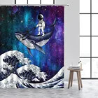 Забавные шторы для душа с астронавтом, Китом, Мультяшные морские волны, звездное небо, фон для детской ванной, Полиэстеровая ткань, декор с крючками