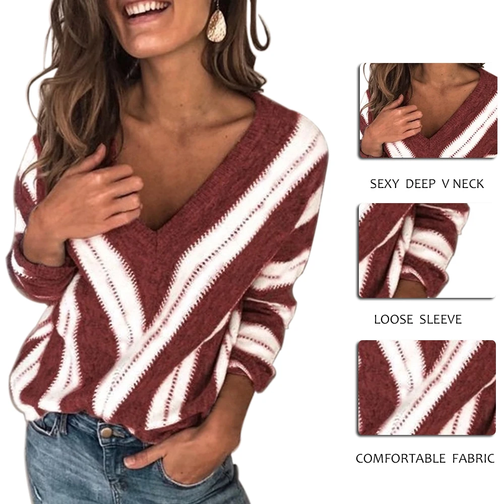 NIBESSER Long Sleeve Jumper Winter Fashion Striped Knitted Pullover Women Casual Sexy V Neck Sweater Femme Knitwear Pull | Женская