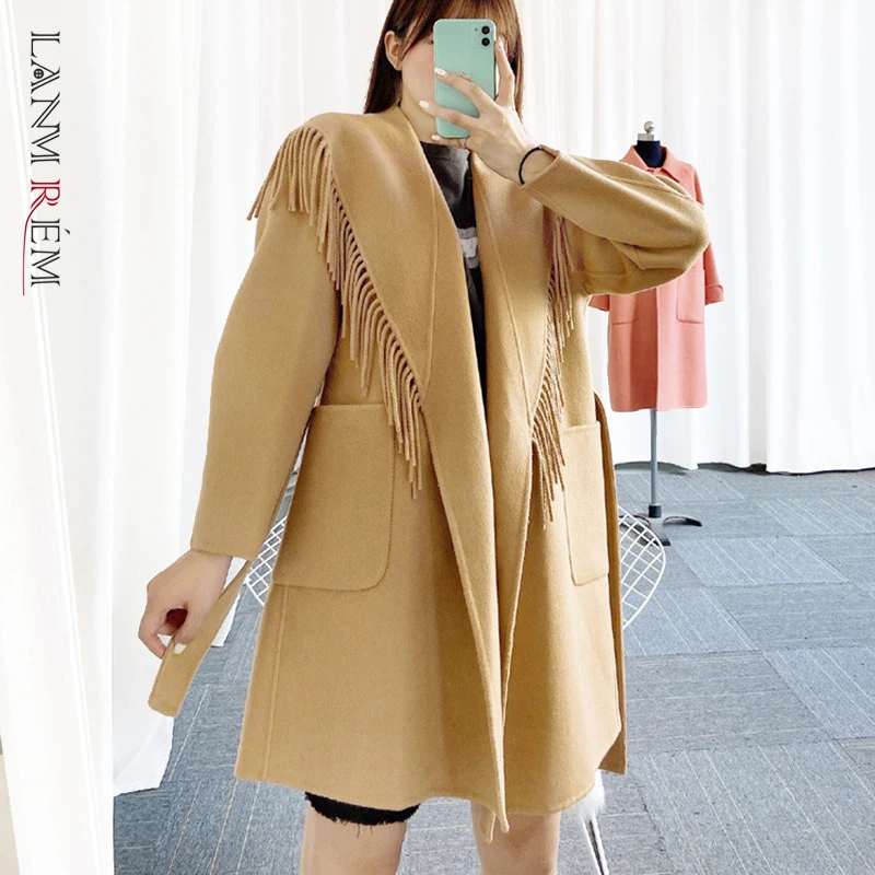 

LANMREM 2021 Autumn Winter New Solid Color Tassel Double-sided Wool Coat Women Long Sleeve Lace Up Pockets Coats Female 2W875