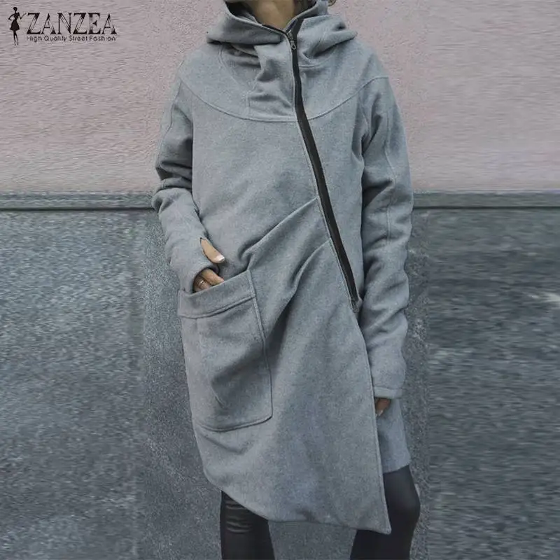 ZANZEA/женские толстовки, толстовка, пальто, зимняя водолазка, длинный рукав, куртки на молнии, женская верхняя одежда Irregualr, повседневные флисовые пальто