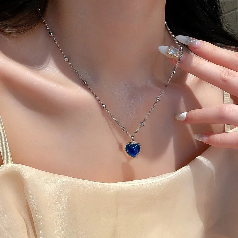 

Blue Heart Necklace French Metal Love Clavicle Chain Korean Simple Female Short Pendanklace Female Short Pendant for Women