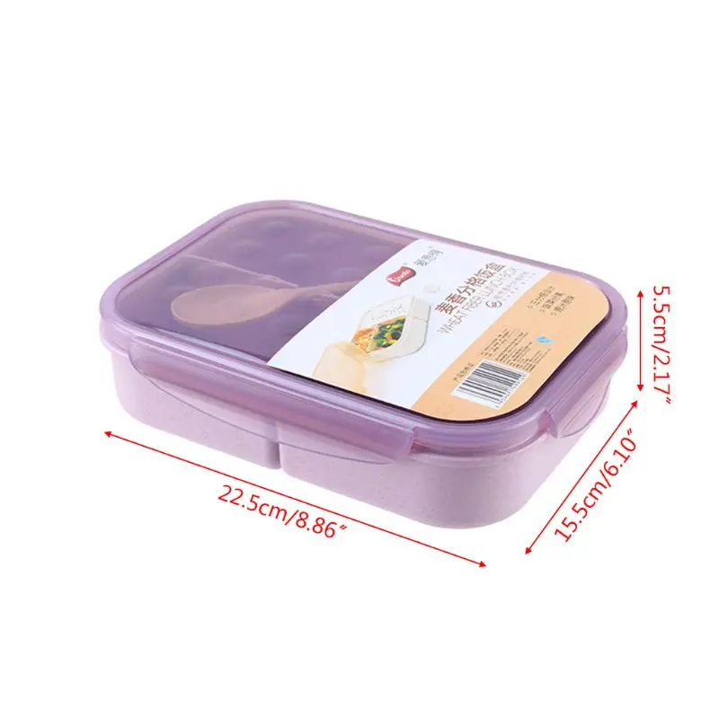 

1PC Wheat Straw 3-Grids Lunch Box With Spoon Bento Box Creative Square Candy Case Tableware 3 Colors Travel Officer Students
