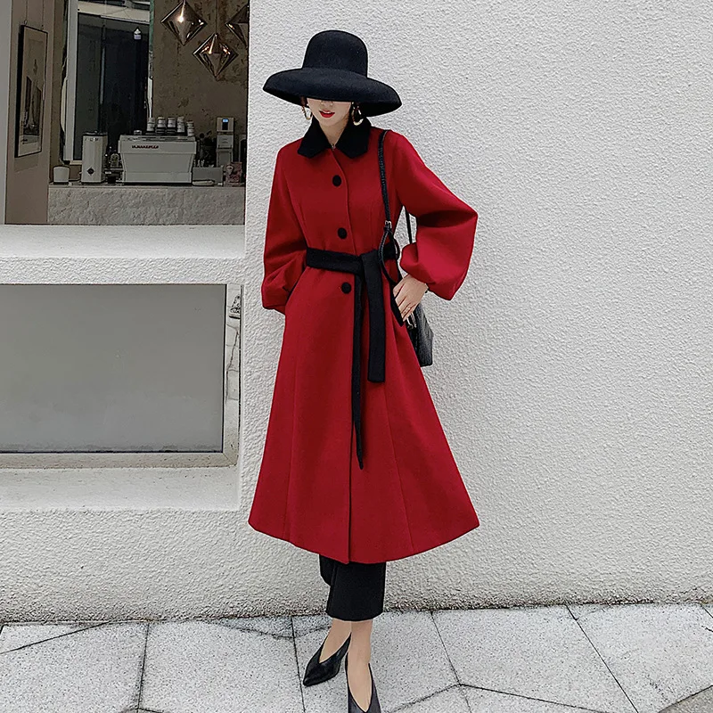 

2019 Autumn Winter Woolen Women's Coat Red Long Lantern Sleeve Singer-breasted Casual Plus Size Wool Fall Jacket Elegant Ladies