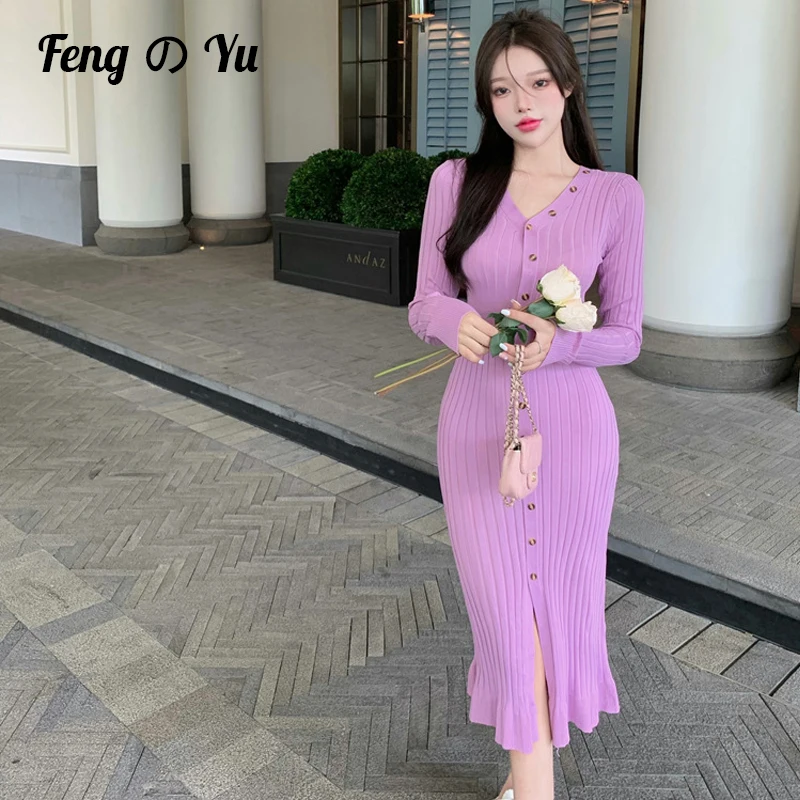 

French Long Slim Fringe Knit Long Sleeve Dress Women's Autumn/Winter 2021 New All-match High Waist Open Tail V-neck Dress