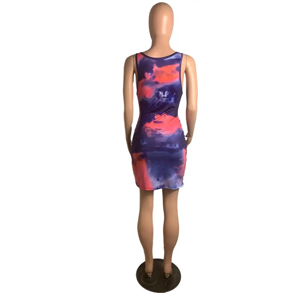 

Tie Dye Hollow Out Sexy Party Dress Women Sleeveless Elastic Mini Dress Vintage Casual Sundress Summer Bodycon Clubwear Vestidos
