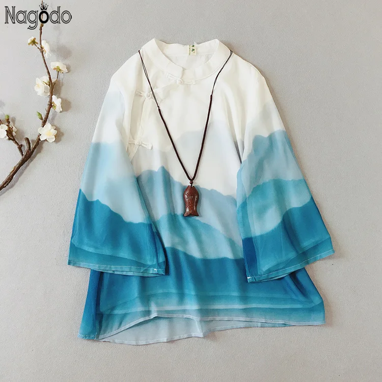 

Nagodo Chiffon Chinese Blouse 2020 New Summer Ethnic Plate Buckle Zen Tea Clothes Style Loose Top Chinese Traditional Shirt