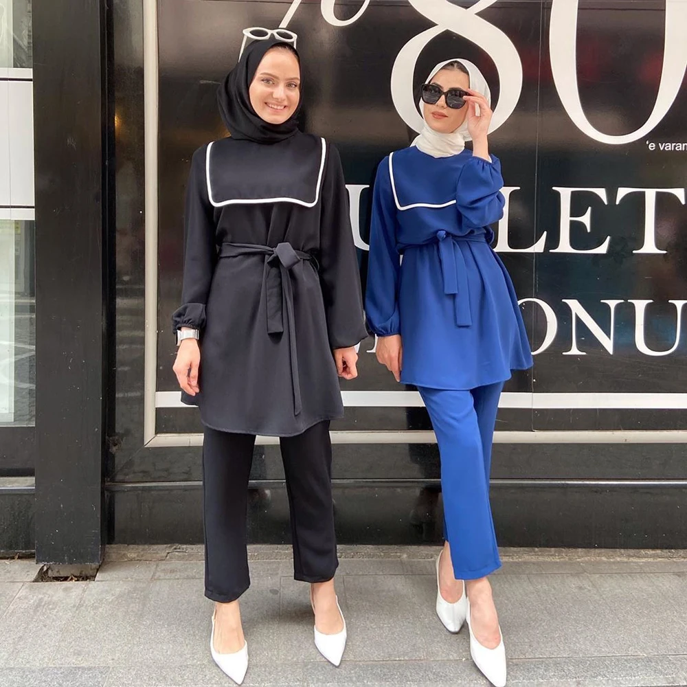 

Muslim Abaya Women Suits Casual Tops Pants Islamic Clothing Robe Sailor Collar With Belt Arab Jilbab Ethnic Traditional Gown New