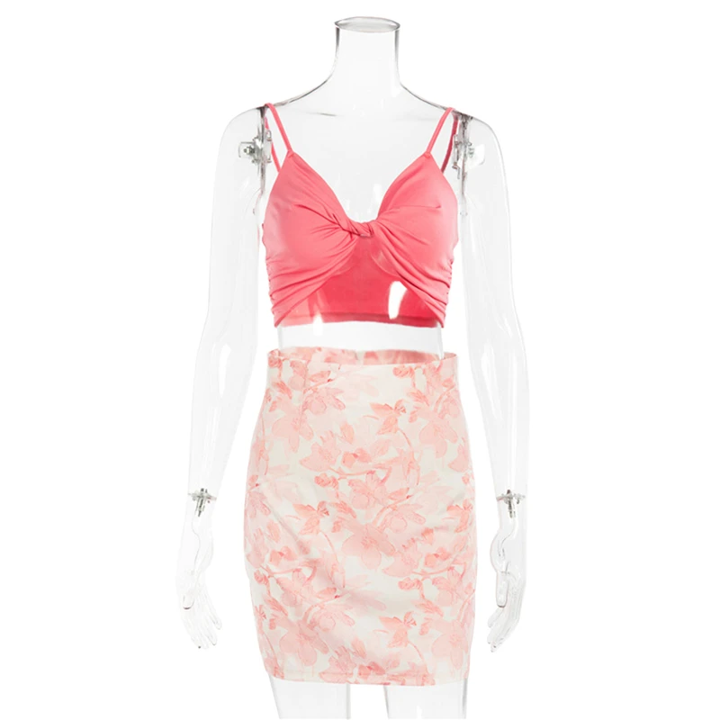 

Fashion Hollow Patchwork Pink Dress Party Two-piece Short Mini Skirt Business Slim Sleeveless Sling Pencil Skirt 2021summer New