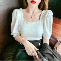 2022 summer t shirt women top short puff sleeve tees square collar knitted ribbed tee shirts femme slim elastic solid tops