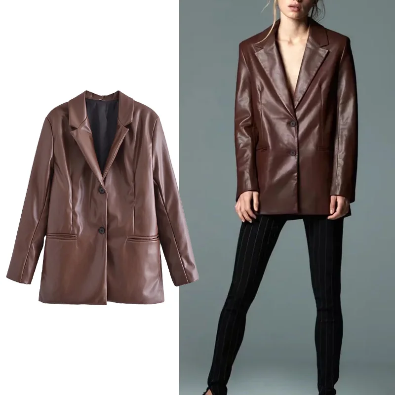 

Женский пиджак из искусственной кожи, с длинным рукавом