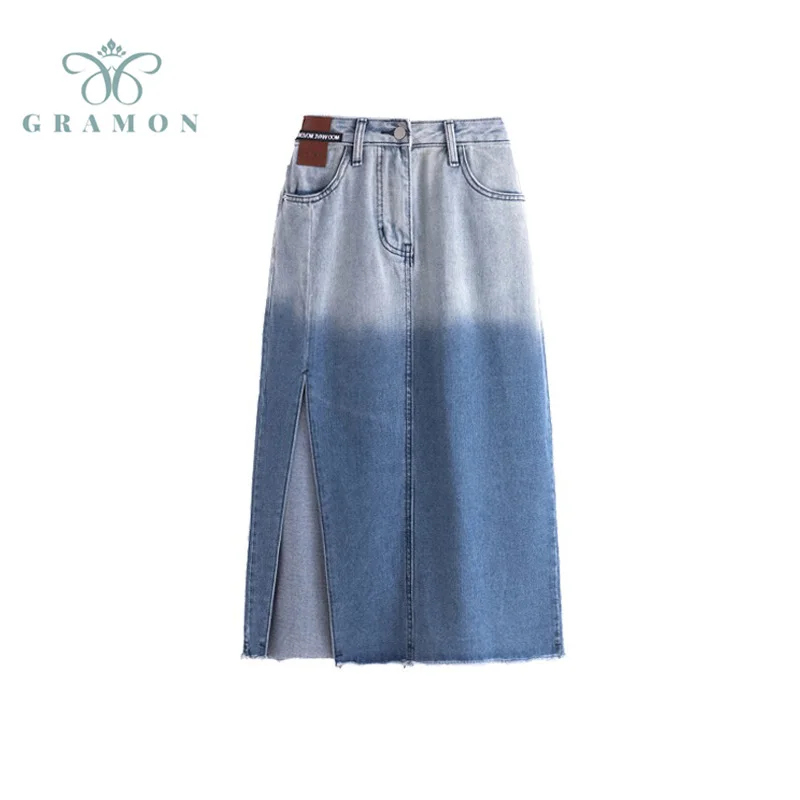 

Women Jean Skirt Plus Size Korean Color Contrast High Waist Slit Jean Skirts A-line Denim Skirts Y2K Punk Streetwear 2021 Summer
