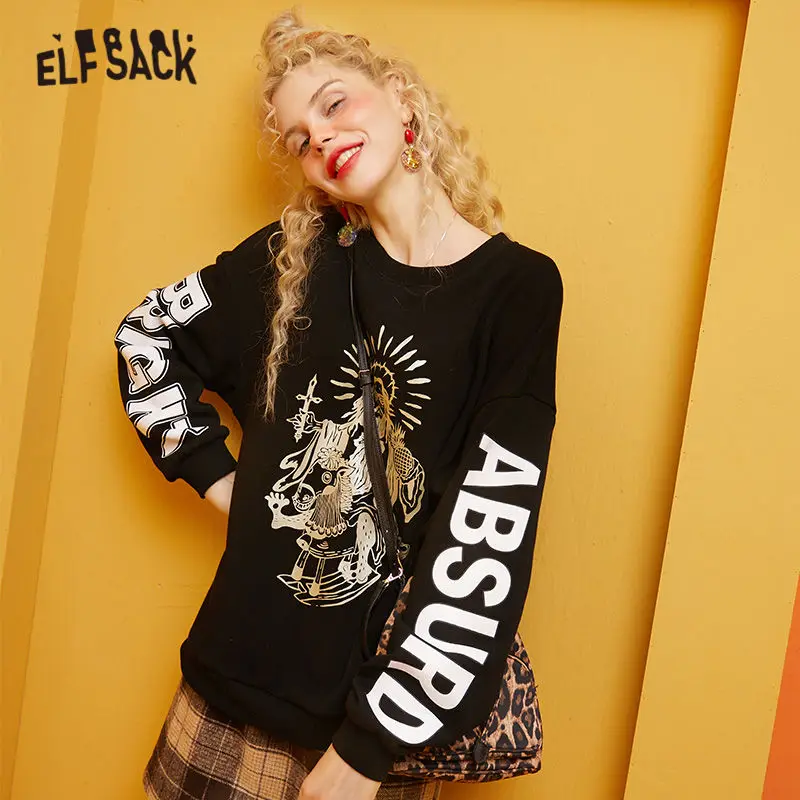 ELFSACK черные однотонные рисунком Иисус Христос Забавный Повседневный пуловер