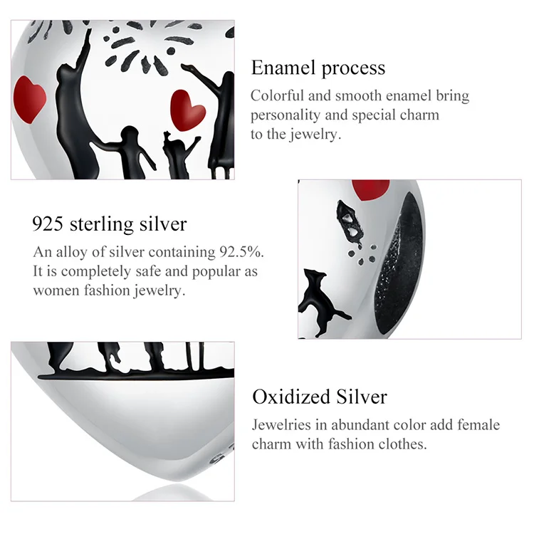 

925 Sterling Silver heart-shaped love Thanksgiving family Pendant Bracelet DIY jewelry handma de bijoux