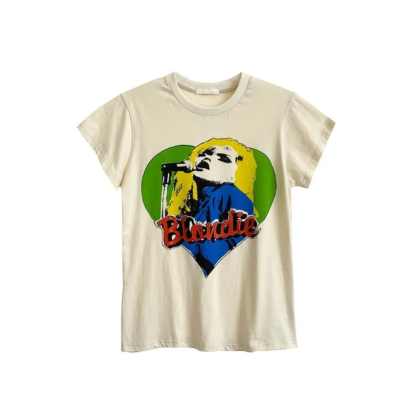 

HXJJP Summer New Korean Fashion Women's Pullover Printed Short-sleeved Round Collar T-shirt Women's Cotton T-shirt