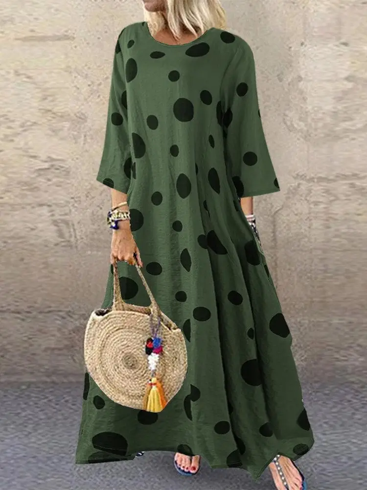 Осенне-зимние женские платья boho, хлопковое льняное платье большого размера, длинное платье макси с принтом в горошек размера плюс, Casaul Vestido
