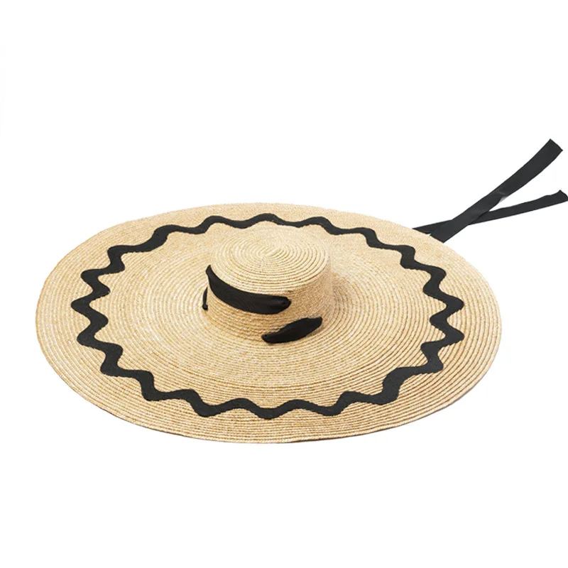 

European and American Style Creamy Color Wave Decoration Straw Hat Big Brim Tie Fashion Sun Hat Outdoor Travel Sun Beach Hat Hot