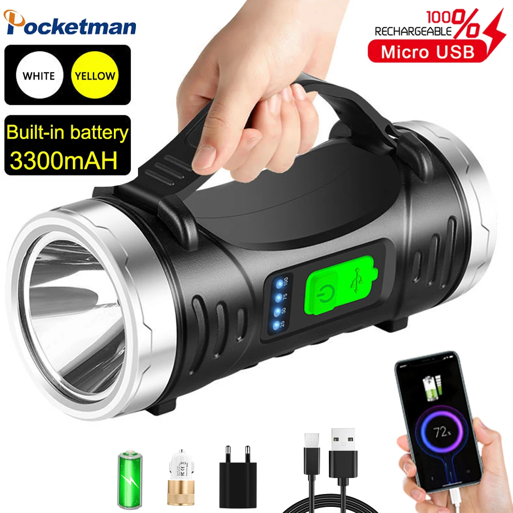

Powerful LED Flashlight Portable Dual Light Source Torch USB Rechargeable Searchlight Waterproof Spotlight Fishing Light Lantern